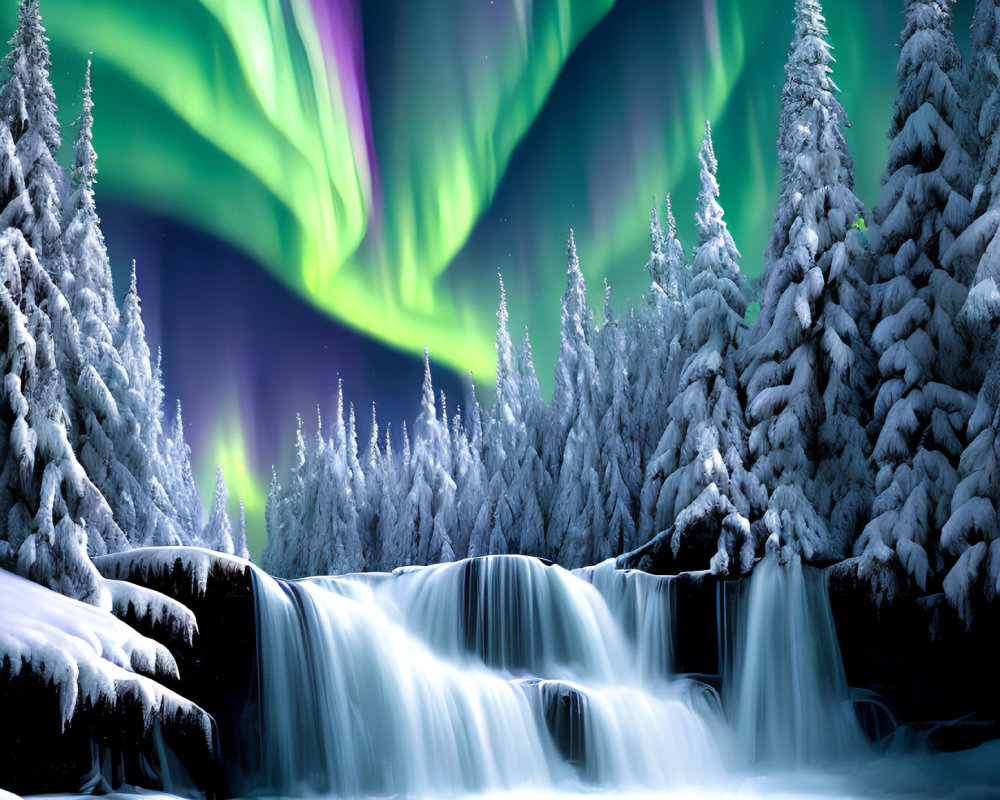 Snow-covered pine trees, waterfall, and Northern Lights in a winter night scene