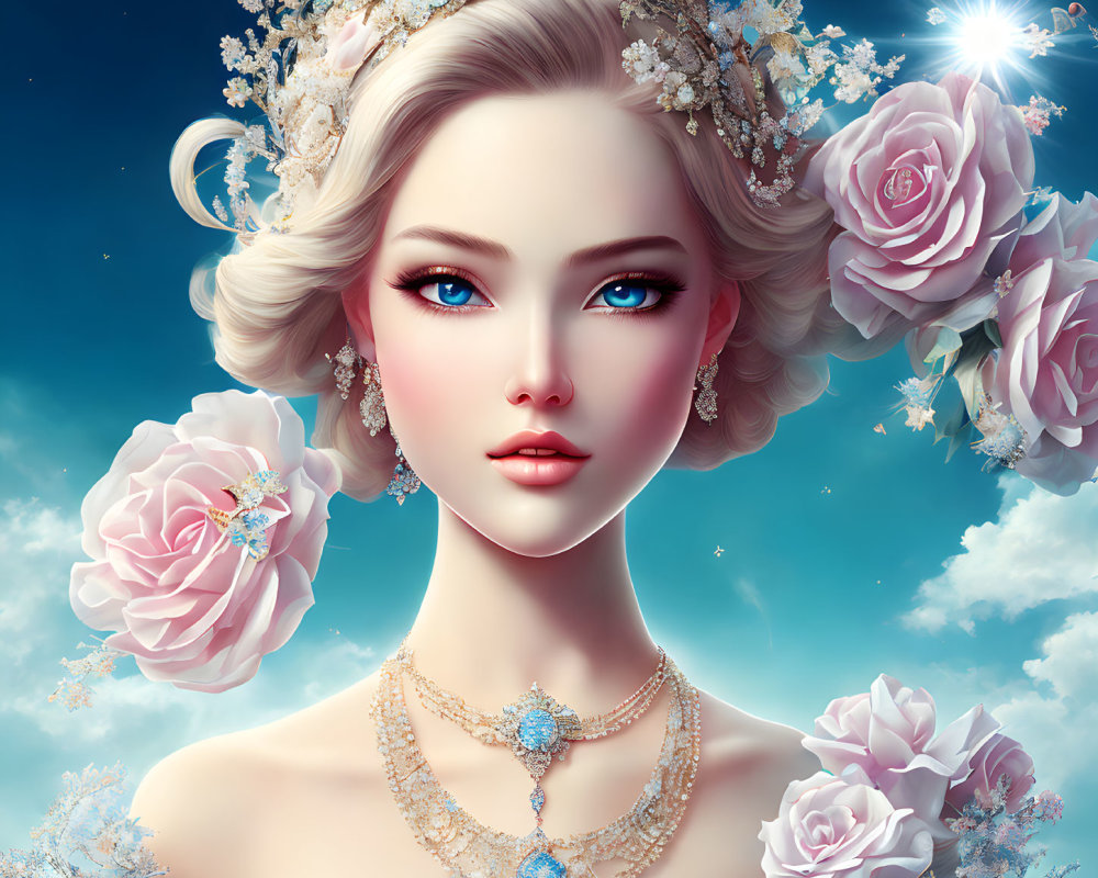 Digital Art Portrait of Woman with Floral Crown and Jewels Among Pink Roses