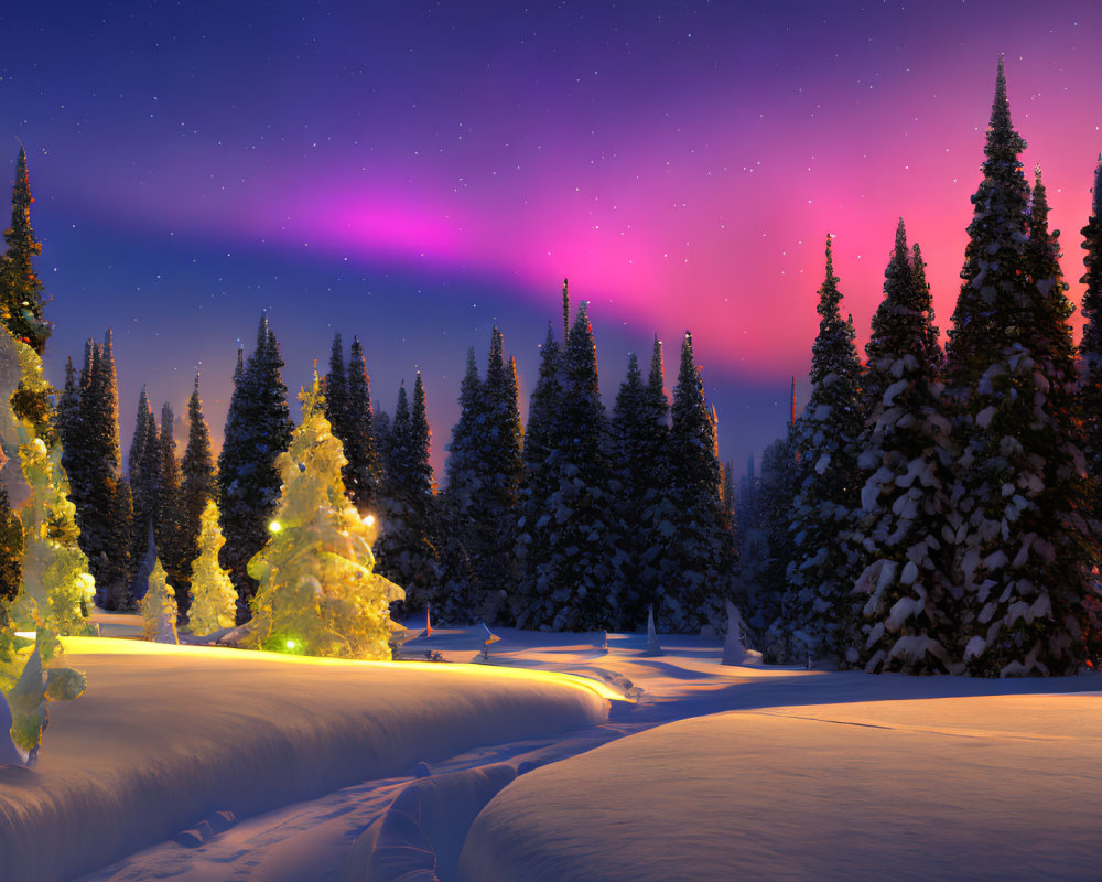 Snow-covered landscape at dusk with aurora borealis, illuminated trees, and undisturbed drifts