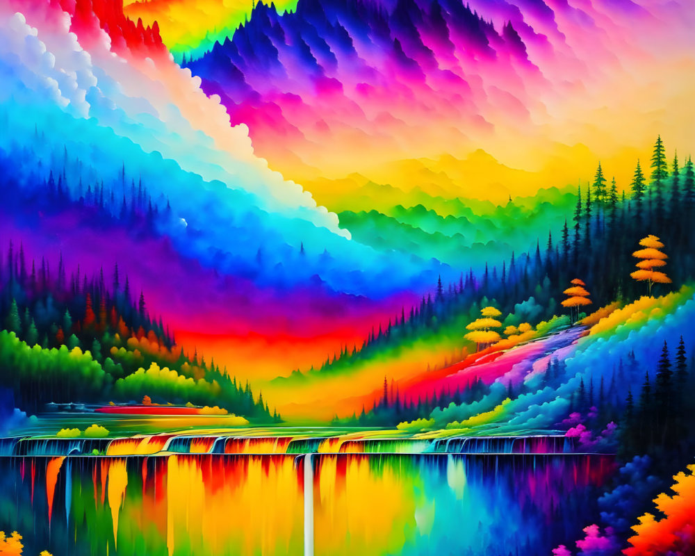 Colorful Mountain Landscape Painting with Mirror-Like Lake