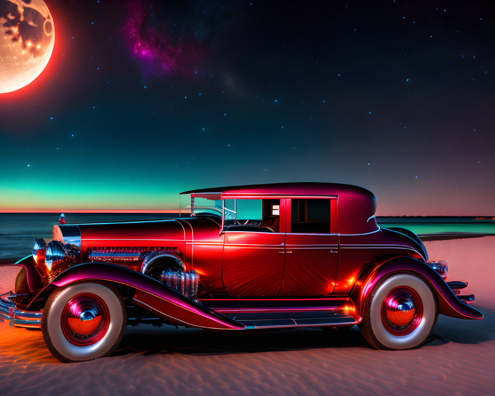 Vintage car under night sky with moon, pink nebula, neon lights, and beachscape