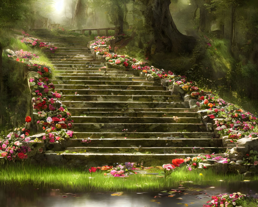 Enchanting forest scene with stone staircase and blooming flowers
