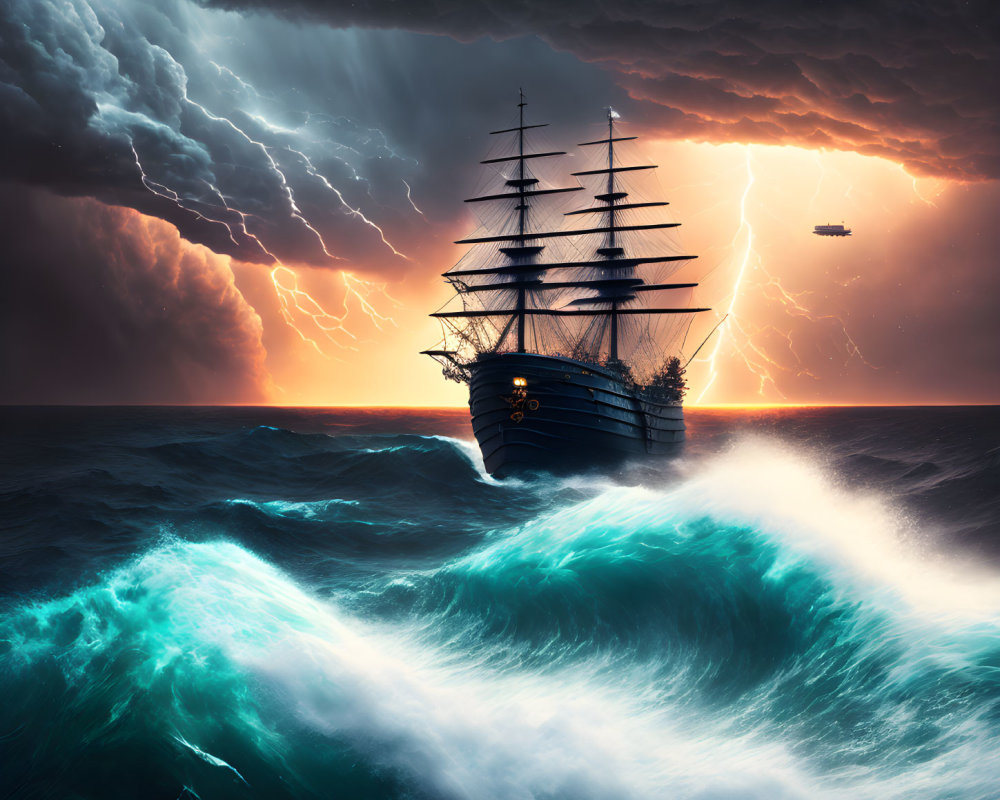 Stormy sea scene with tall ship and flying vessel under dark clouds