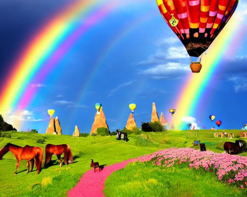 Colorful hot air balloon, double rainbow, grazing horses, and whimsical hills under dynamic sky