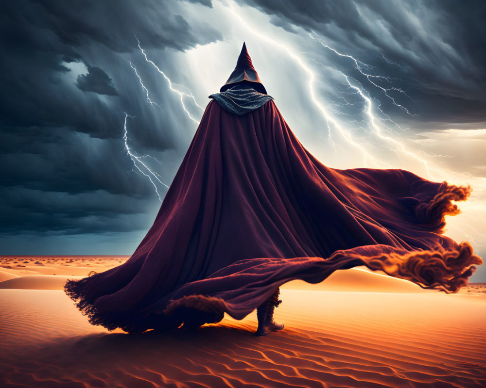 Person in red cloak under stormy sky with lightning in desert.