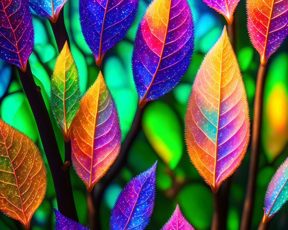 Vibrant Gradient Leaves with Sparkling Dots on Bokeh Background