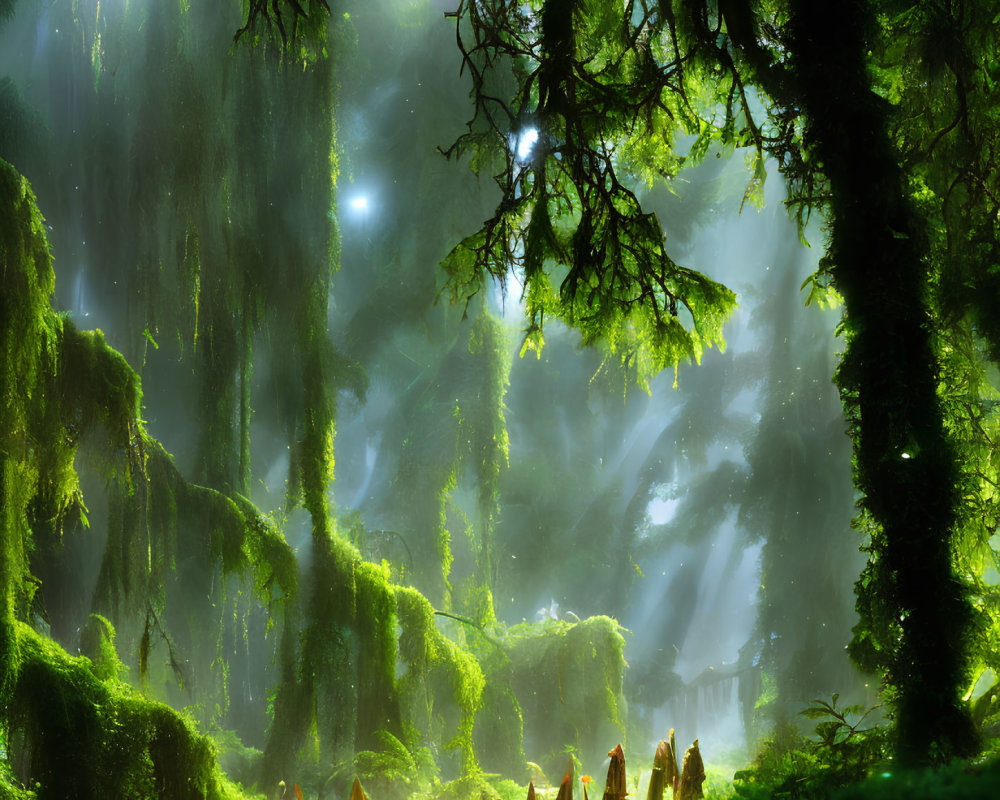 Lush Enchanted Forest with Moss, Trees, Lights, Figures, and Sunbeams