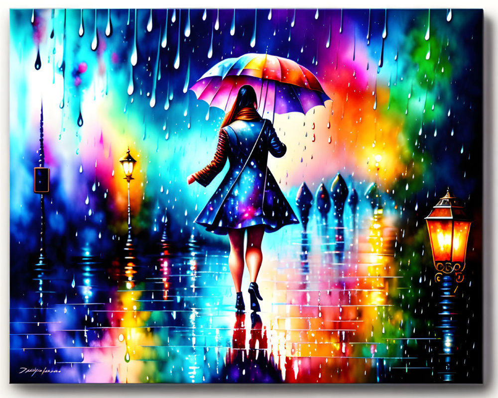 Colorful painting of person with umbrella in rain and reflections.
