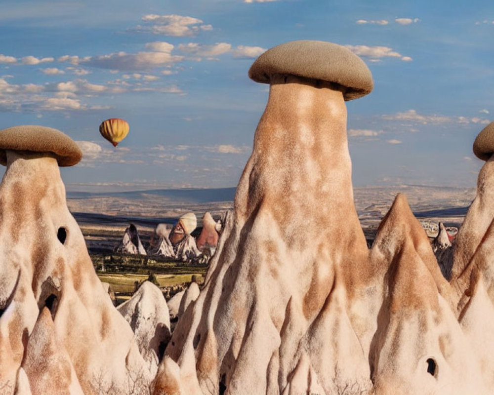 Unique rock formations in Cappadocia with distant hot air balloon.