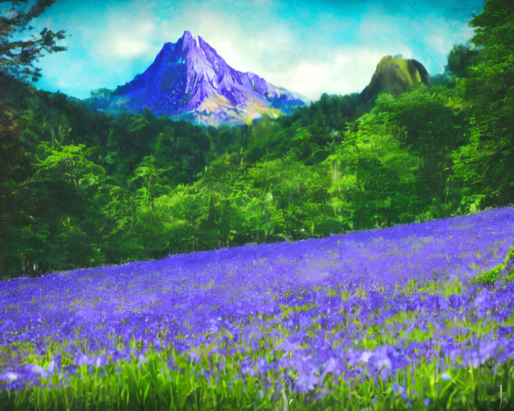 Scenic landscape with purple flowers, green trees, and mountains
