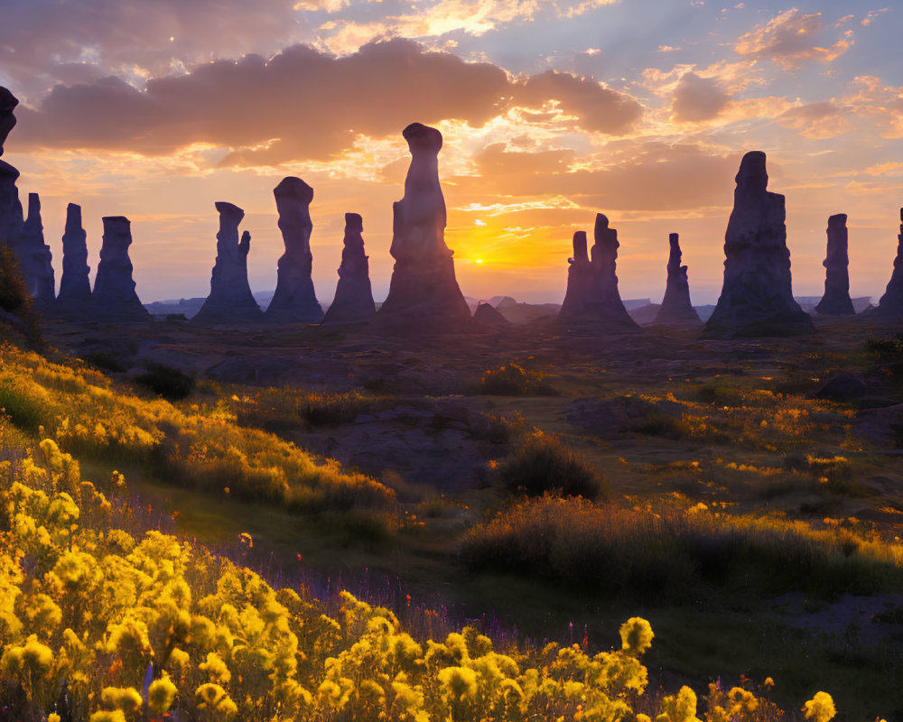 Sunset over desert with rock formations and yellow wildflowers
