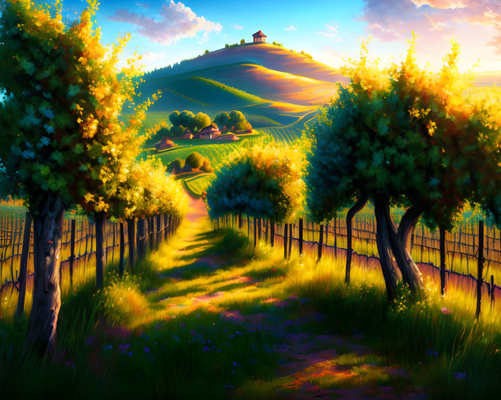 Scenic landscape with lush trees, rolling hills, and house at sunset