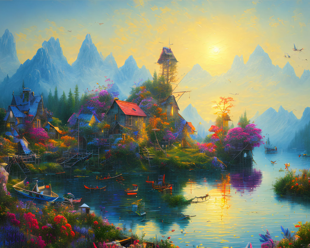 Scenic lakeside village at sunset with blooming trees and colorful boats