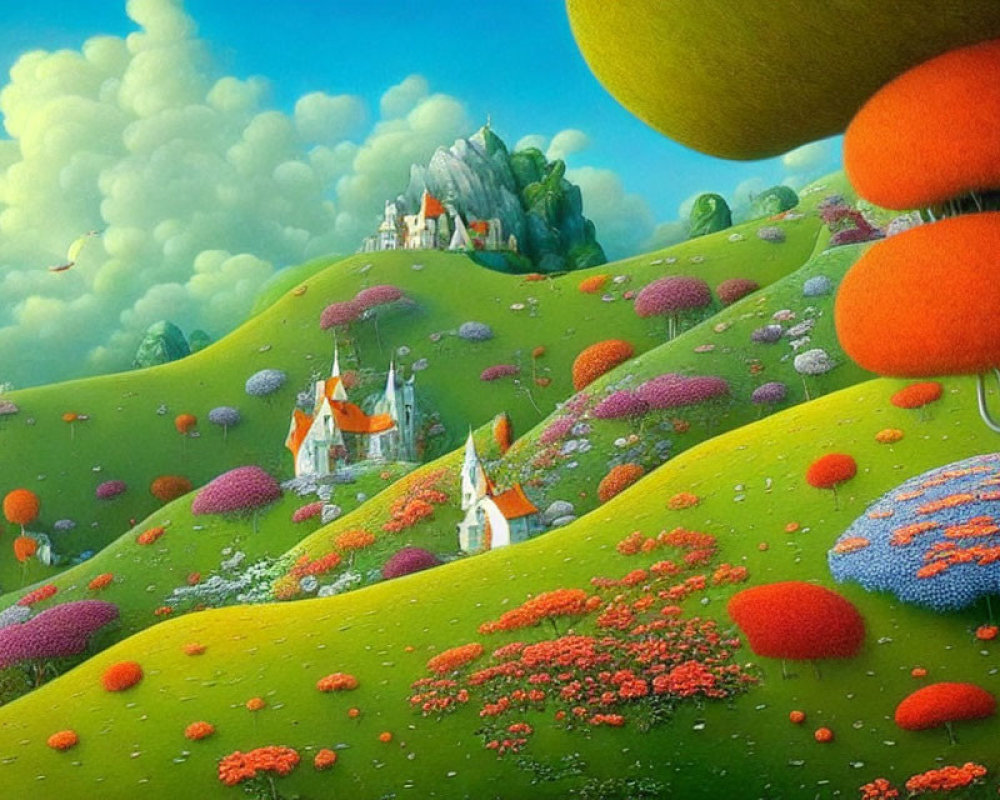 Colorful Mushroom-Filled Fantasy Landscape Under Blue Sky