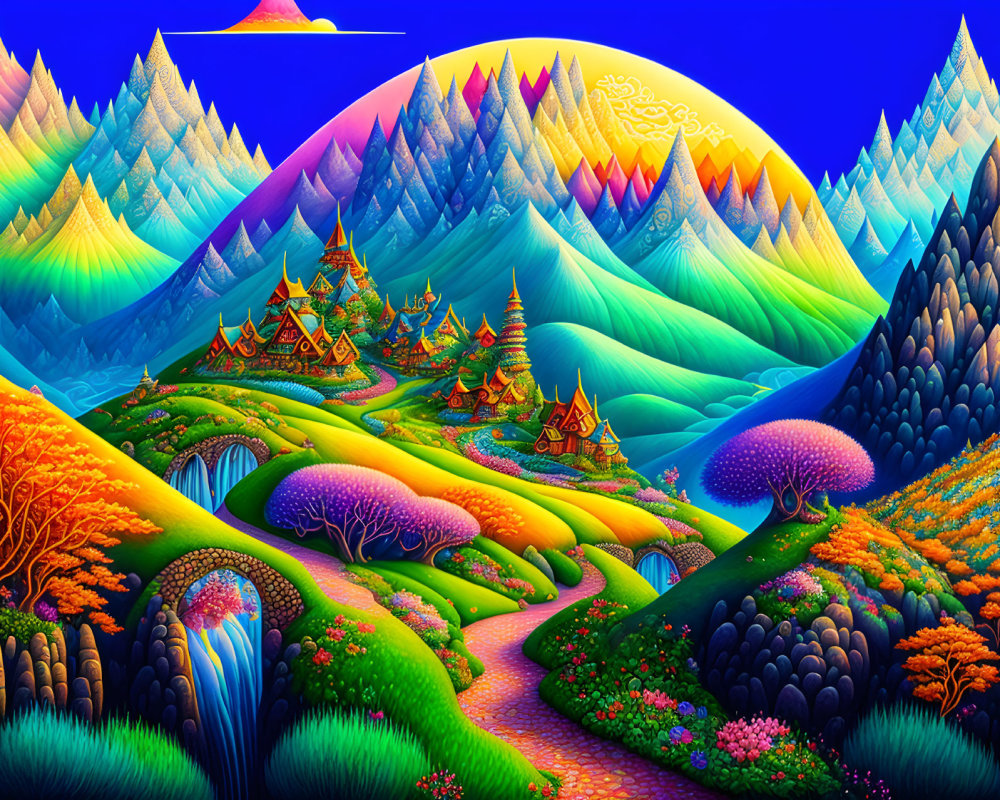 Colorful Stylized Landscape with Whimsical Elements