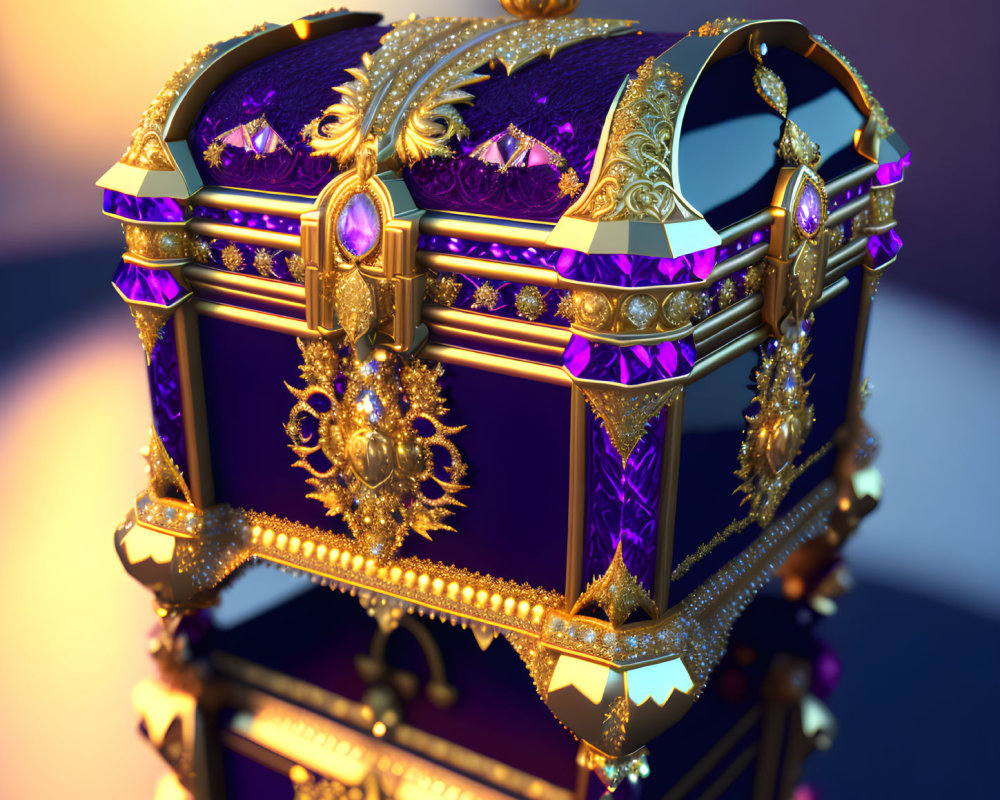 Intricate golden treasure chest with purple jewels and warm glow