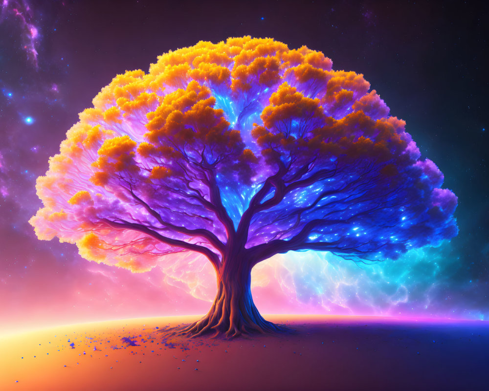 Colorful Tree Illustration with Rainbow Night Sky and Contrasting Warm Orange Leaves & Cool Blue Trunk