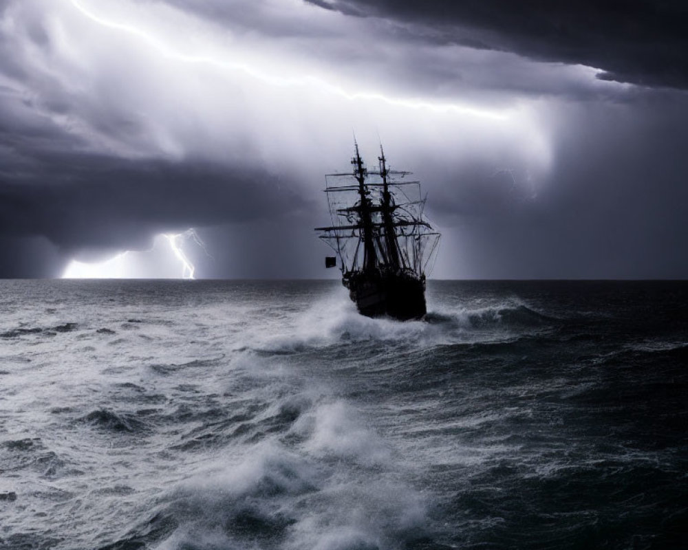 Tall ship sailing turbulent seas under stormy sky