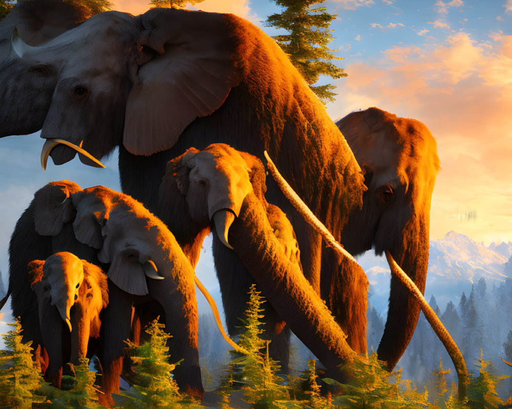 Elephants walking through lush forest with calves in golden sunlight