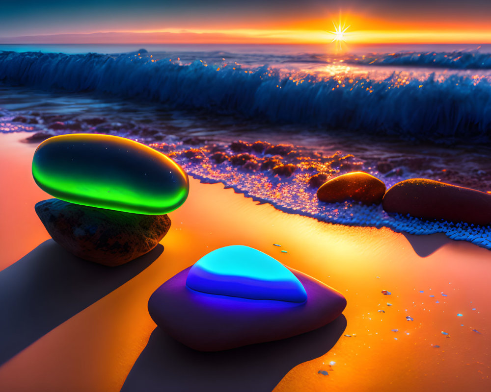 Vibrant sunset beachscape with colorful glowing stones and approaching waves