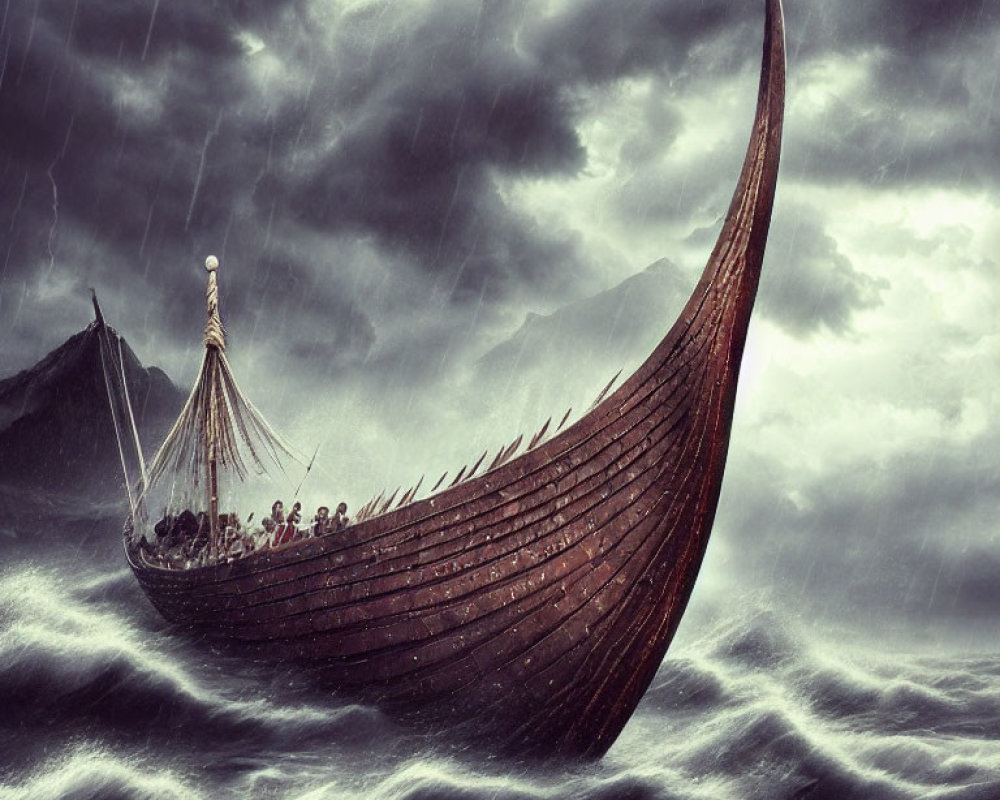 Viking longship sailing in stormy seas with billowing sails