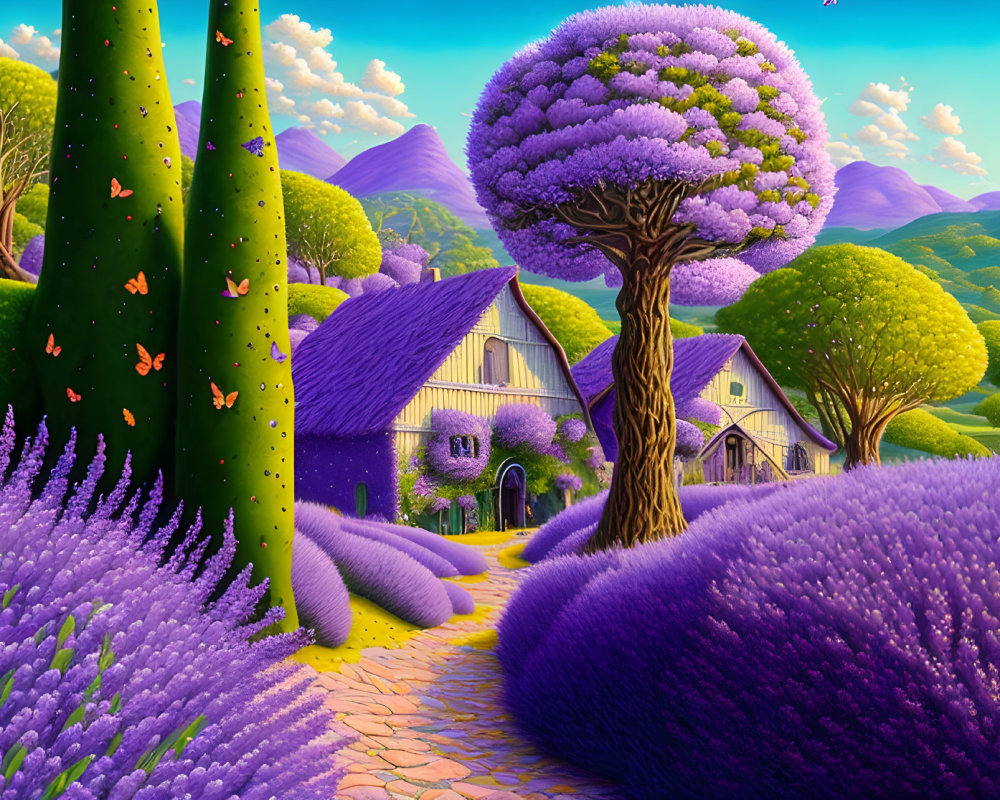 Fantasy landscape with purple foliage, whimsical trees, house, butterflies, and cacti.