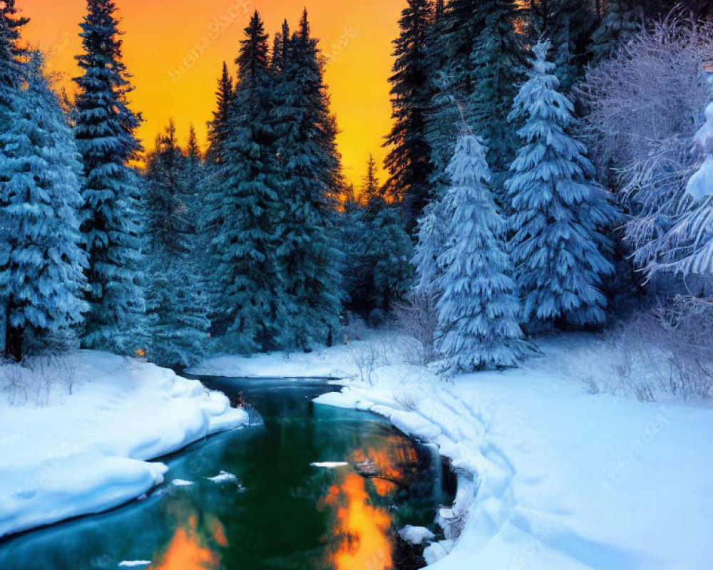 Winter scene: Snow-covered trees by frozen river at sunset
