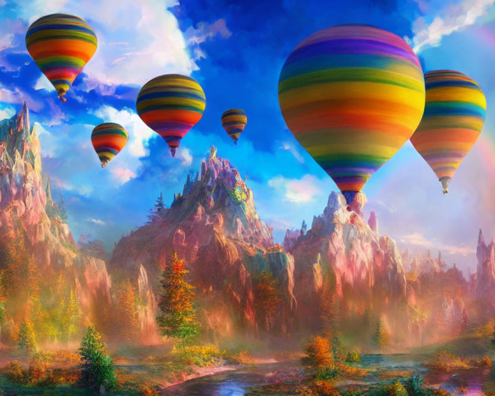 Colorful hot air balloons flying over vibrant fantasy landscape with rainbow sky