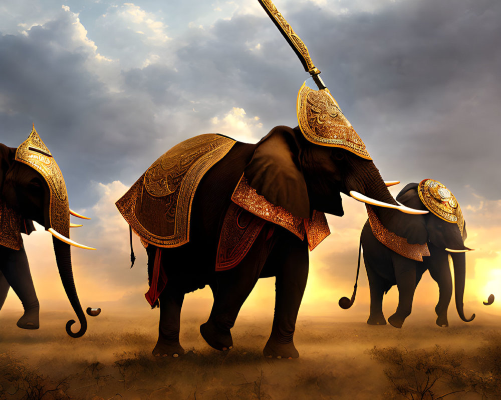 Decorated elephants under dramatic sunset sky walking in dusty landscape