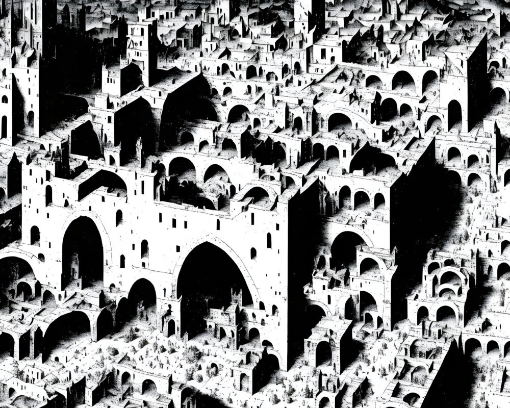 Detailed Black and White Medieval Cityscape with Arches, Bridges, Domes, and Spires