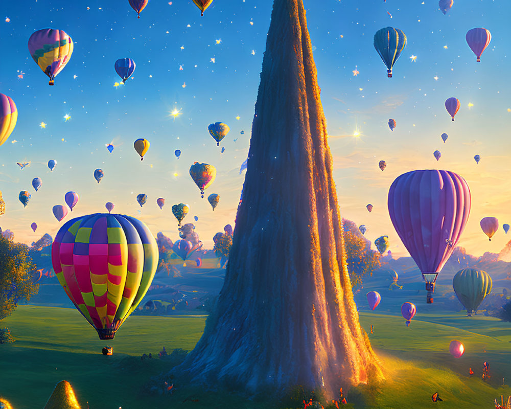 Colorful sunset landscape with towering tree, hot air balloons, and quaint hut.