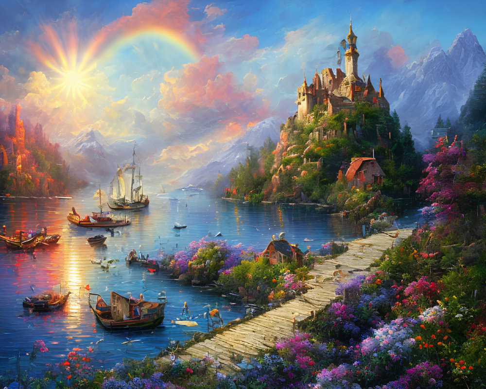 Scenic landscape with castle, rainbow, lake, stone path, and colorful flowers