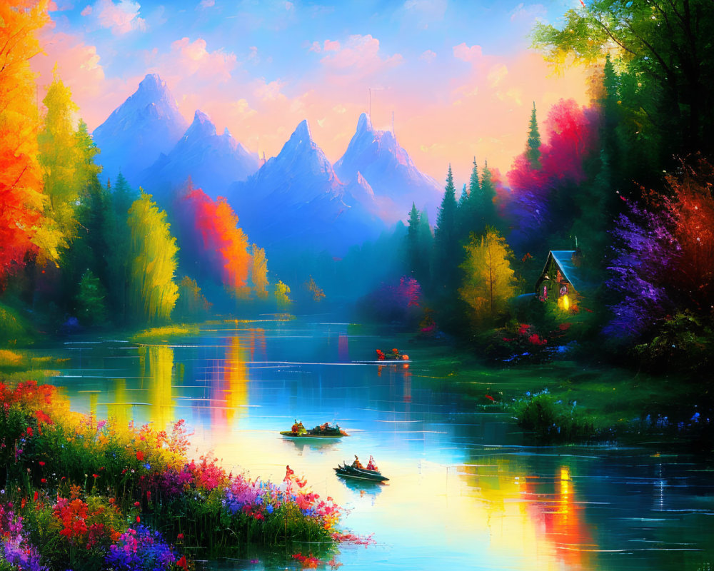 Colorful Landscape with Reflective Lake, Autumn Trees, Mountains, Cottage, and Boats