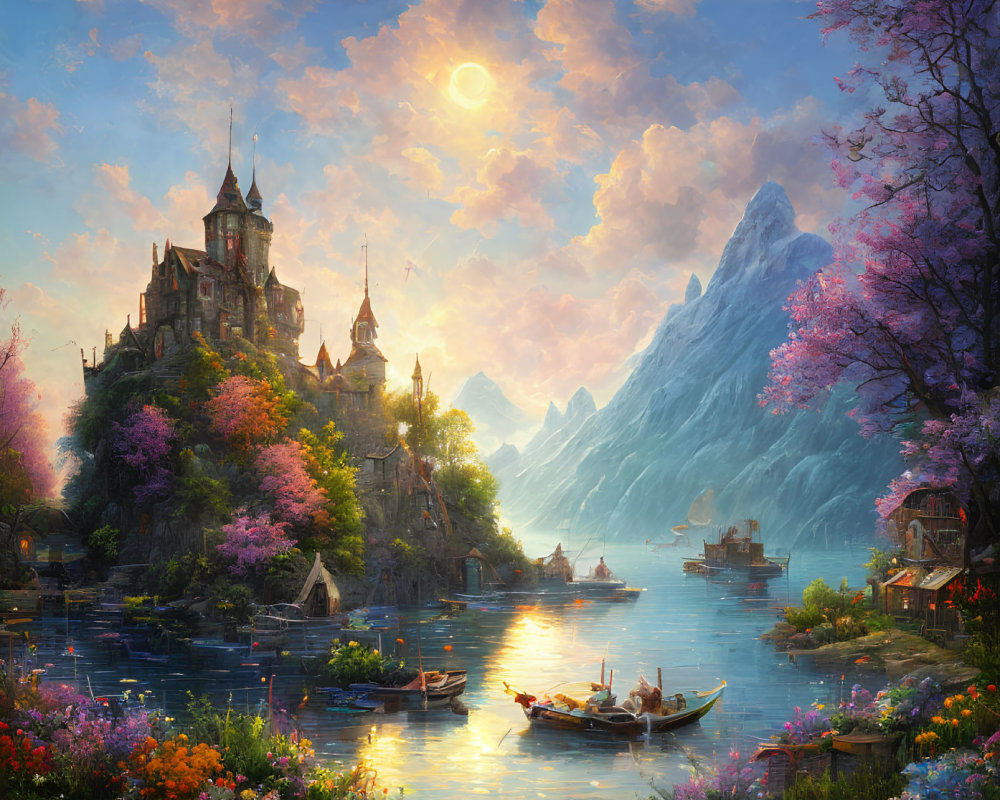 Tranquil fantasy scene: castle, river, blossoming trees, mountains at sunset