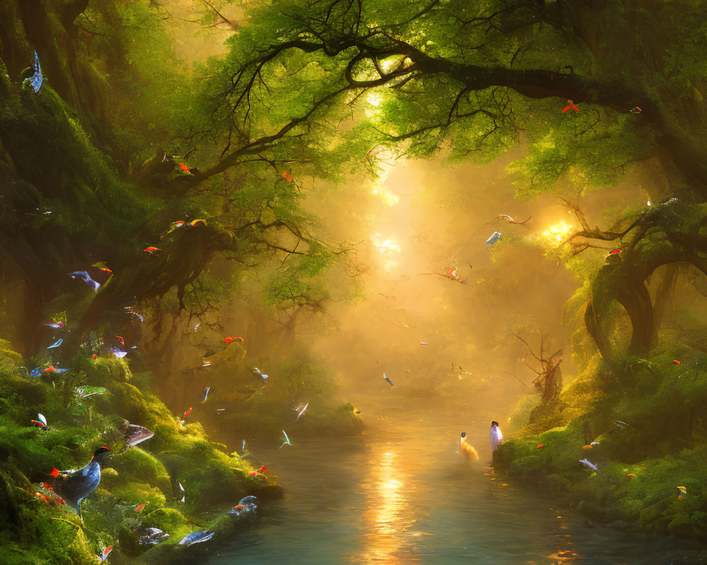 Tranquil forest scene with river, lush greenery, soft sunlight, and colorful birds.