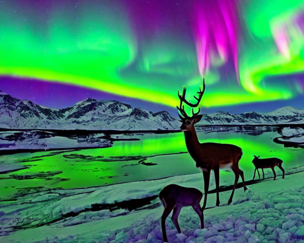 Majestic deer in snowy landscape under vivid aurora borealis