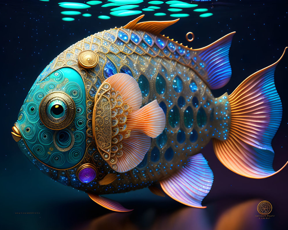 Colorful digital artwork of stylized fish with intricate patterns and gold accents on a dark, bubble-spe