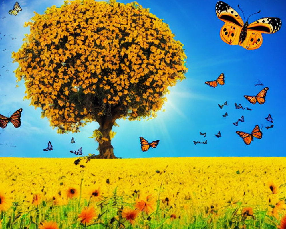 Lush tree in bloom surrounded by yellow flowers and butterflies