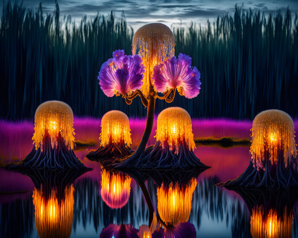 Surreal landscape: Glowing jellyfish-like trees, purple flowers, mirrored water at twilight