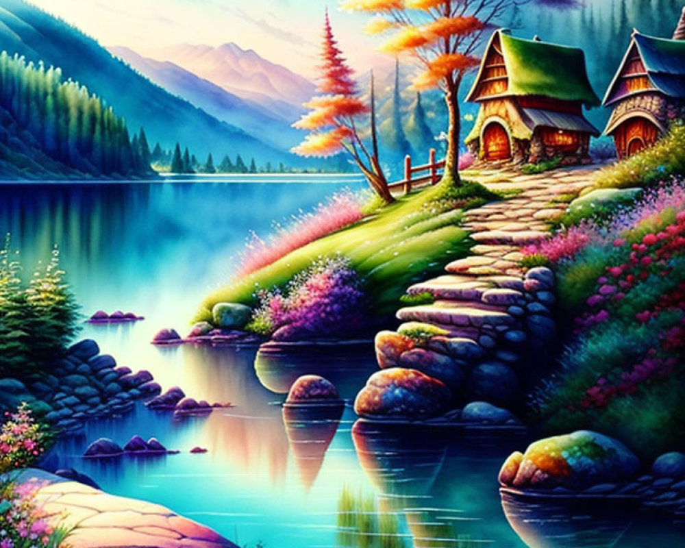 Colorful Lakeside Painting with Cottage, Trees, and Mountains