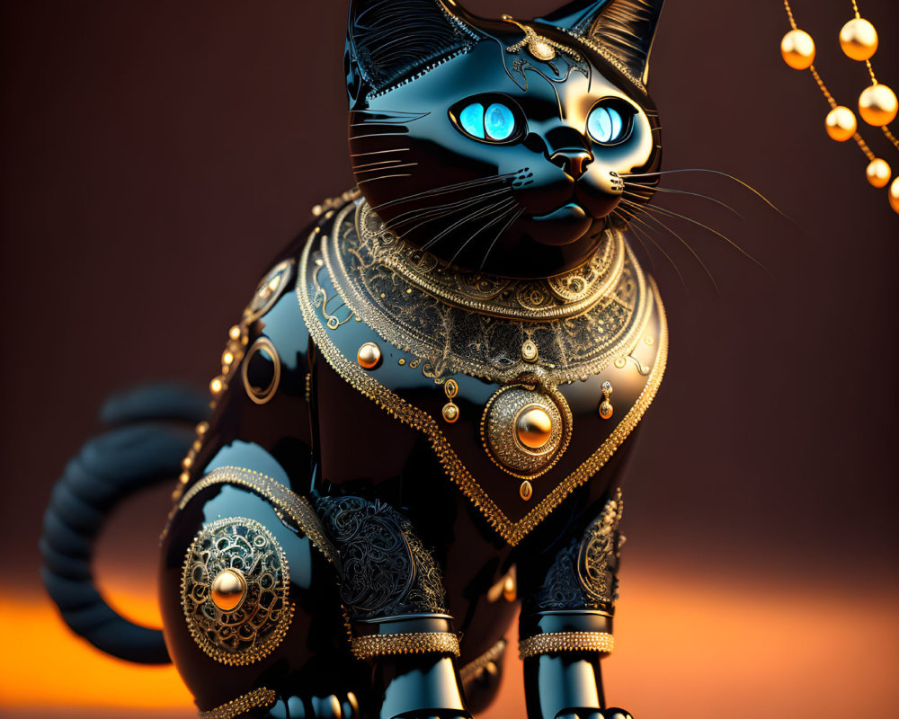 Digital Artwork: Mechanical Cat with Gold Details and Glowing Blue Eyes