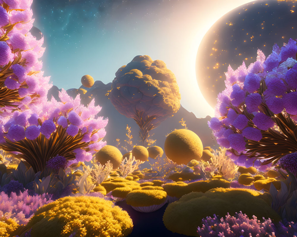 Vibrant alien flora in fantasy landscape under sunset sky