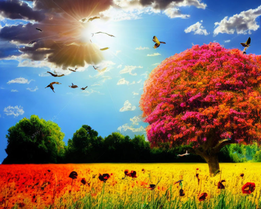 Colorful landscape with blooming pink tree, red poppies, birds, and sun rays.