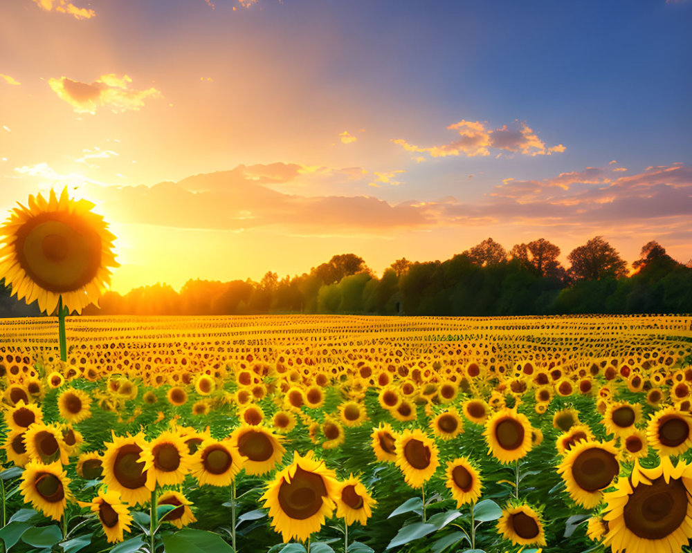 Sunflower field under vibrant sunset with blue skies