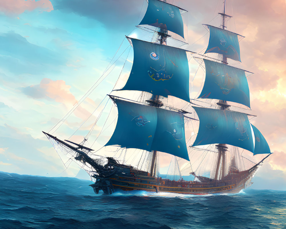 Large sailing ship with blue crested sails on open sea under dramatic sky