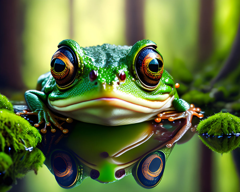 Colorful Frog with Orange Eyes on Reflective Surface in Lush Green Setting