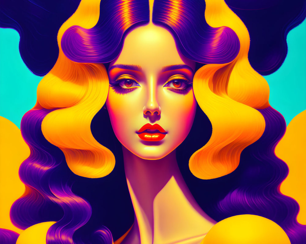 Colorful digital portrait: Woman with yellow and purple hair, bold makeup, on blue and orange backdrop