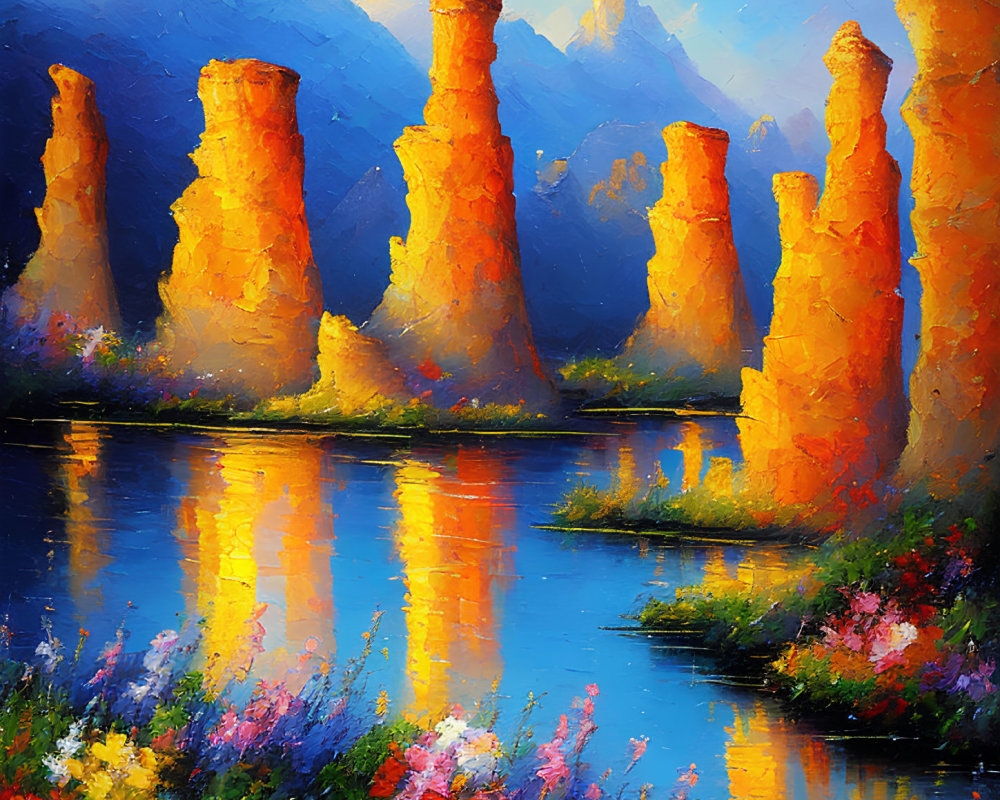 Colorful painting of orange rock formations by a blue lake with hazy mountains