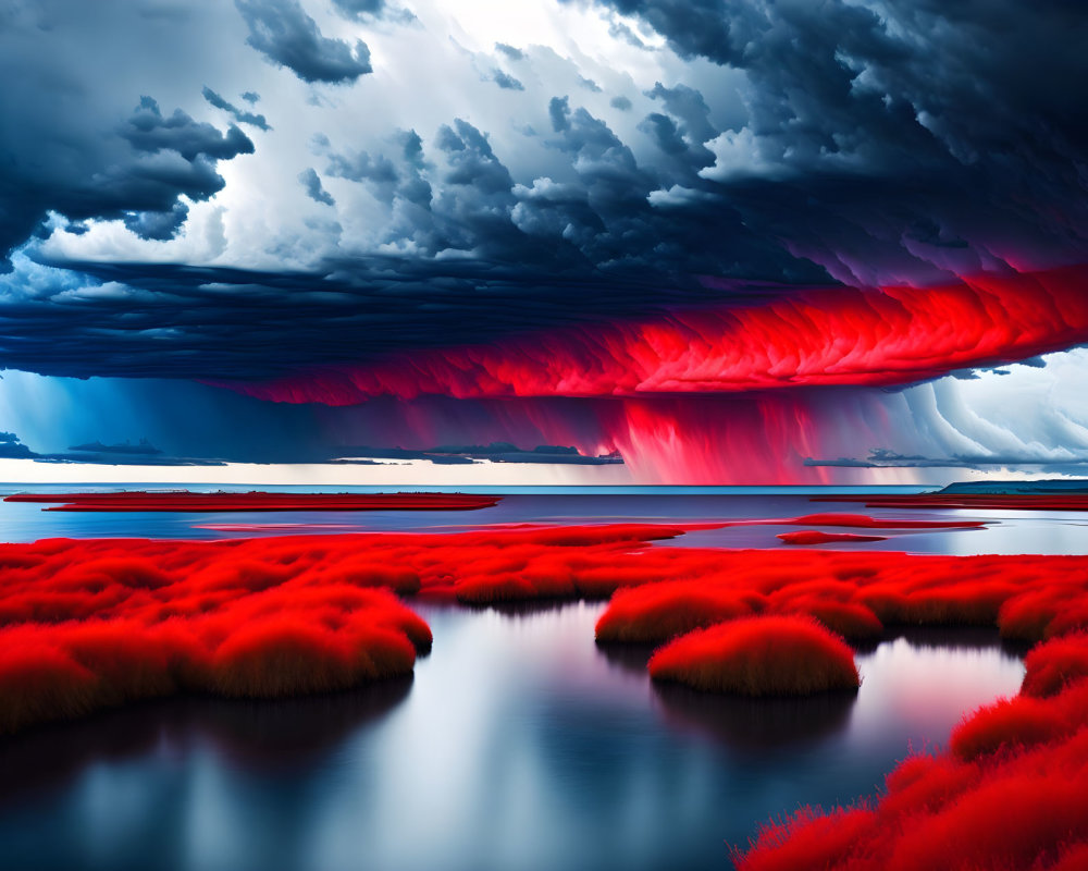 Vibrant red vegetation on water under ominous blue sky with red clouds.