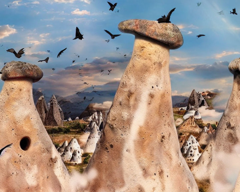 Weathered rock formations with cap-like structures in rugged landscape under bird-filled sky